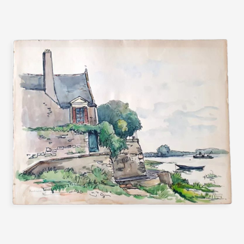 Aquarelle sur papier "Bouchemaine (Maine et Loire)" Signée en bas à droite André Duculty (1912-1990)
