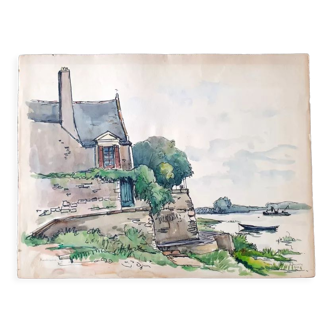 Aquarelle sur papier "Bouchemaine (Maine et Loire)" Signée en bas à droite André Duculty (1912-1990)