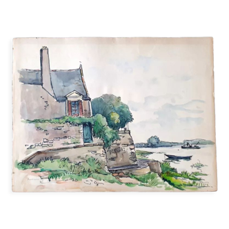 André Duculty (1912-1990) Watercolor on paper "Bouchemaine (Maine et Loire)" Signed lower right