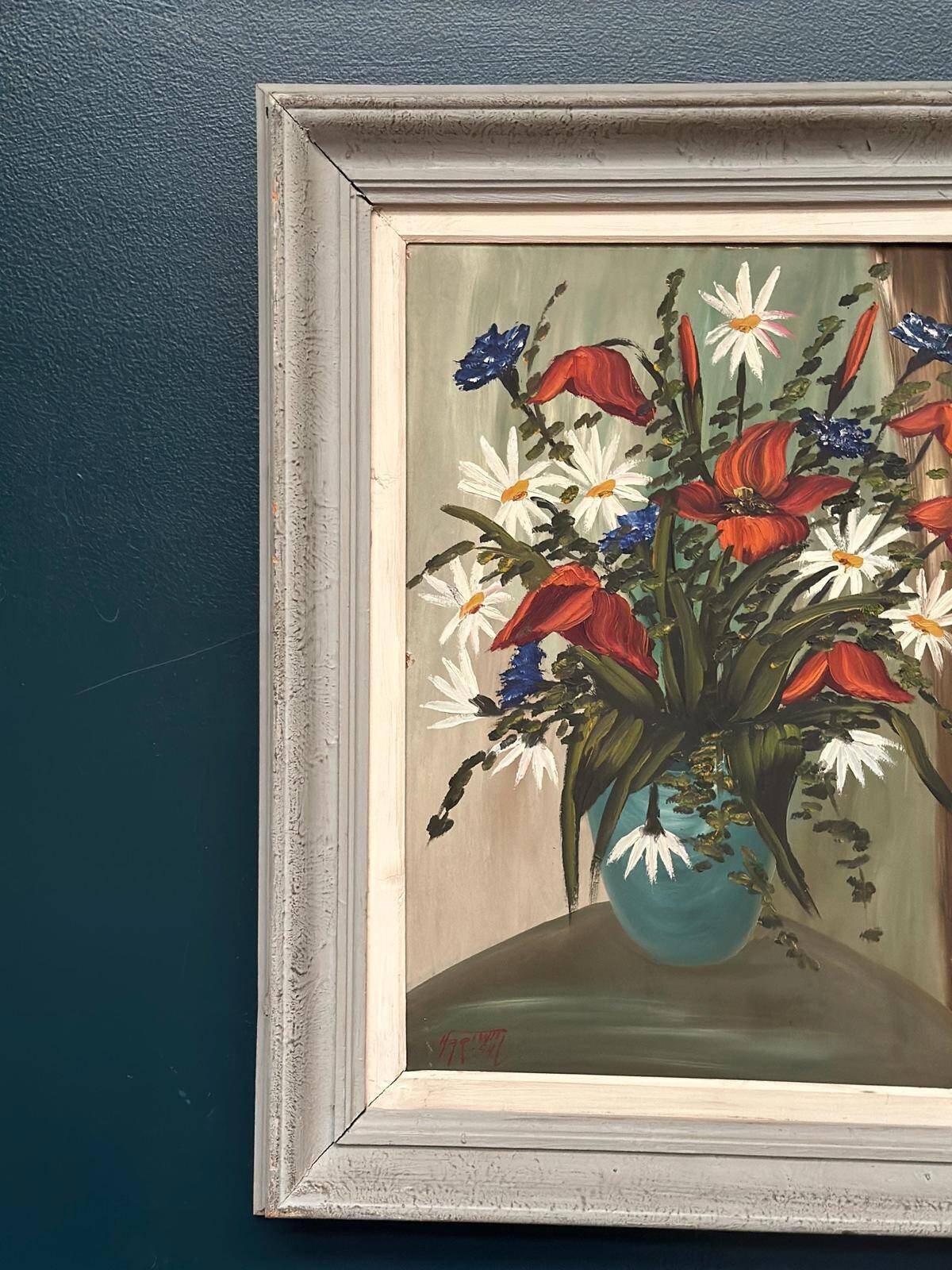 Huile sur panneau d'origine – “Bloomer” par Hartiviq – Datée de 1954 – Vintage et encadrée – 57 × 66 cm (22,4" × 26")