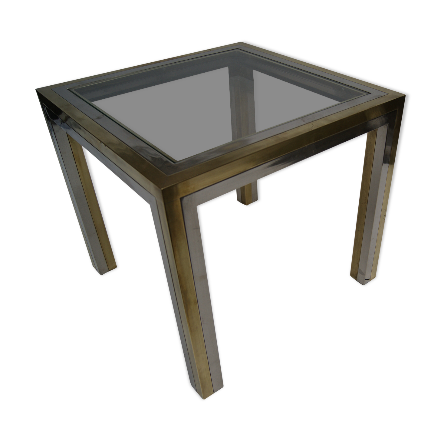 Piece of sofa coffee table brass chrome, brass. 2 glass trays. Italy 1970's