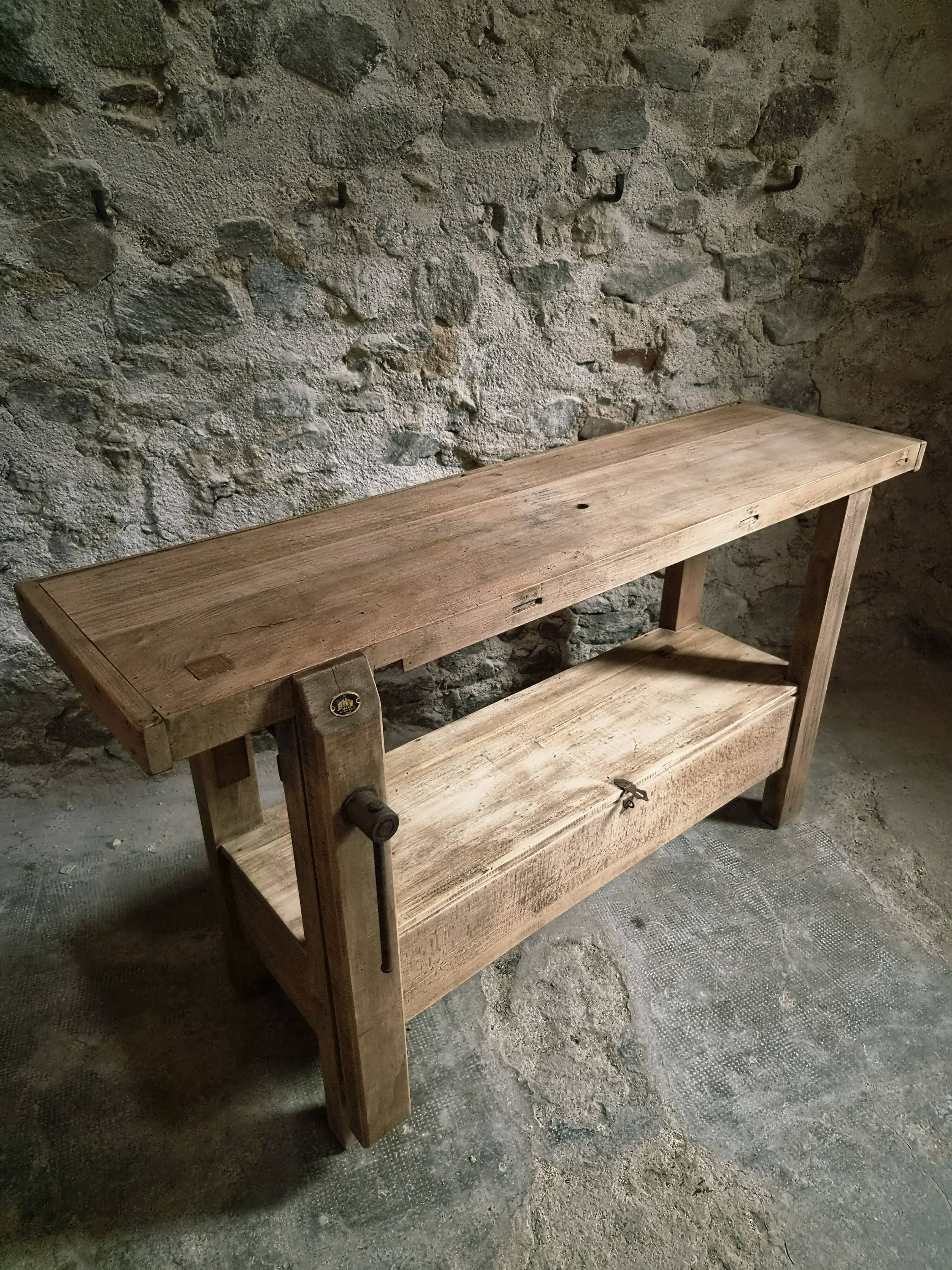 Vintage French beech side table, console, washbasin unit, industrial side table, circa 1950–1970.