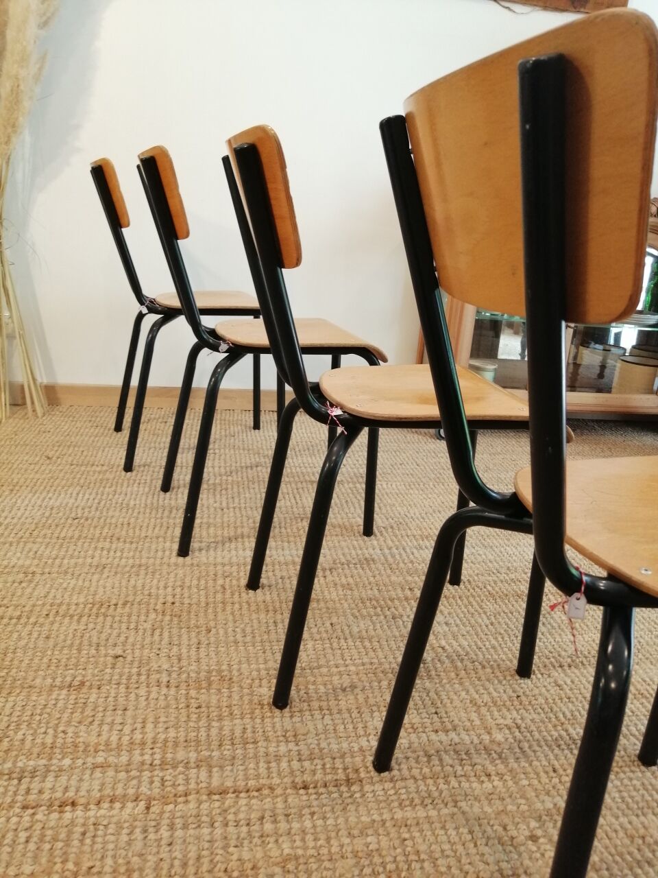 Series of 4 wooden and metal school chairs