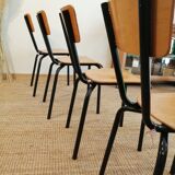 Series of 4 wooden and metal school chairs