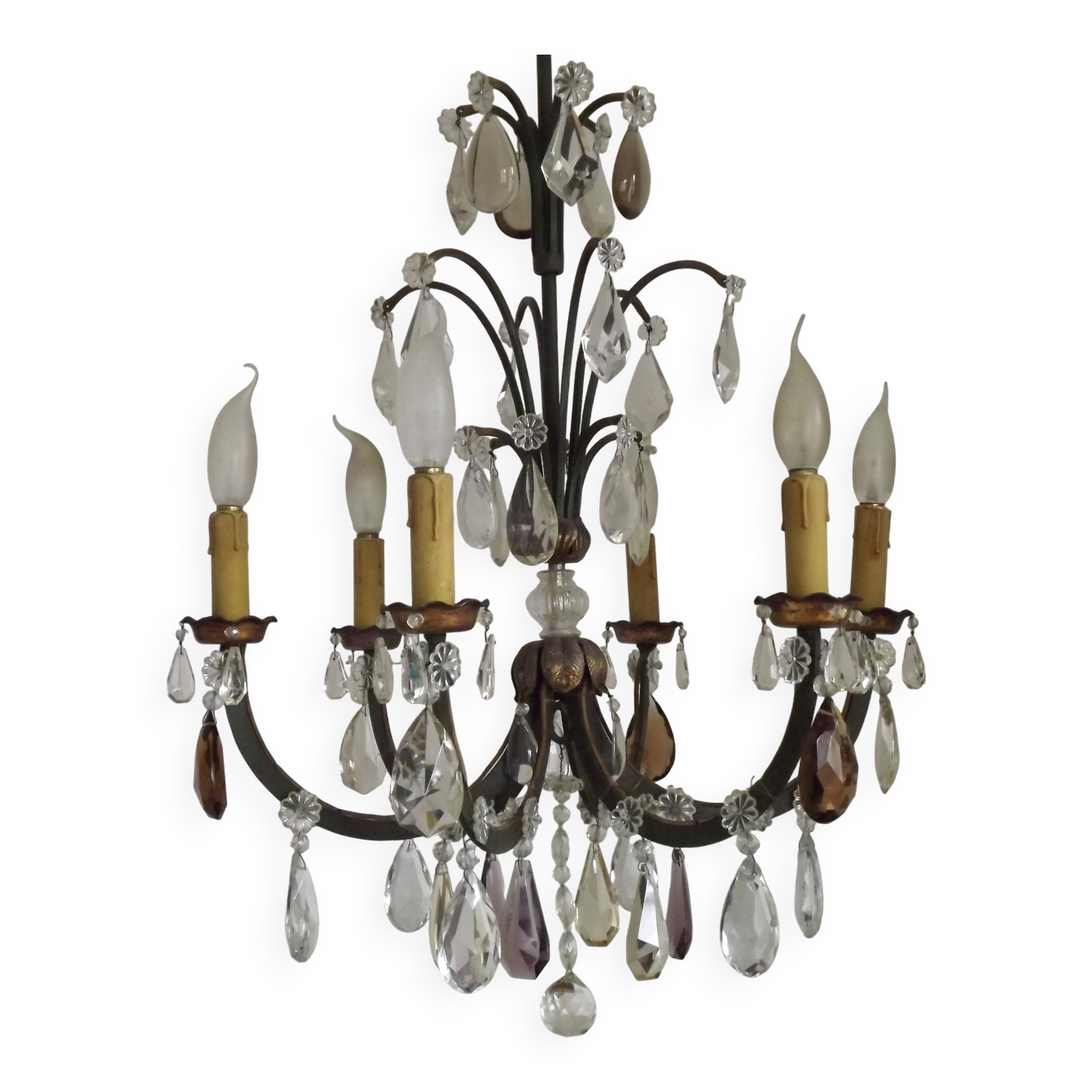 French Art Deco 6-Light Green Finish Bronze Crystal & Glass Chandelier 5343