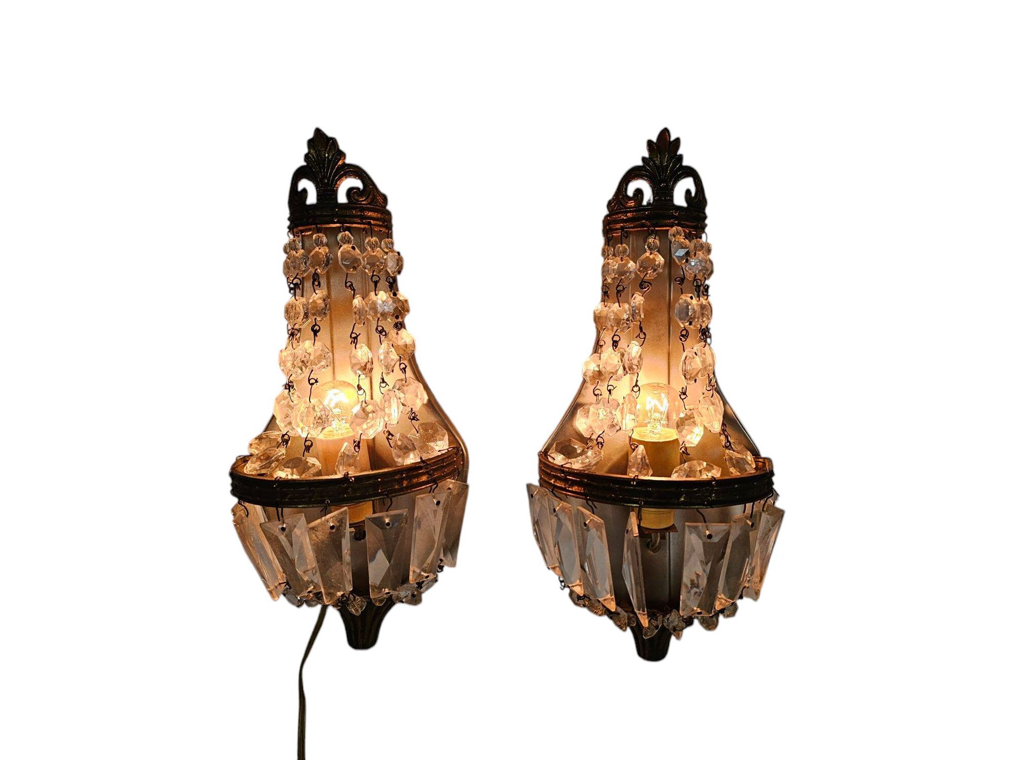2 wall lamps - gold plated - crystal - 60's