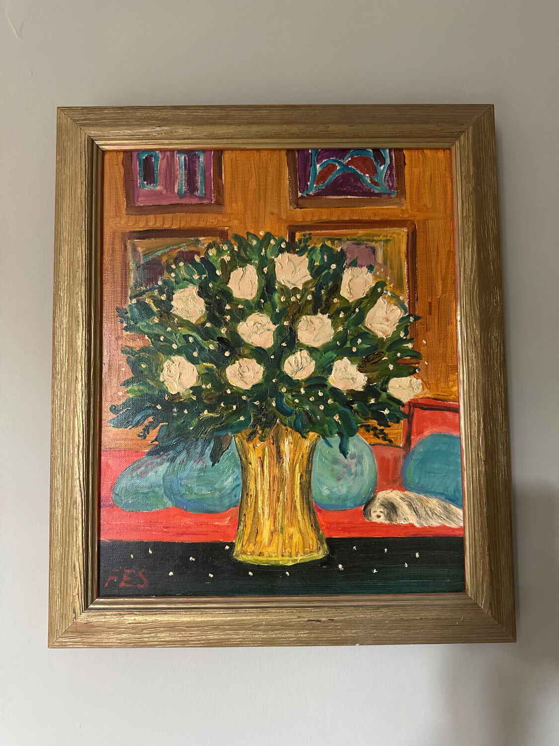Oil on canvas signed FES – "Bouquet of roses with a small dog" – Style