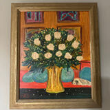 Oil on canvas signed FES – "Bouquet of roses with a small dog" – Style