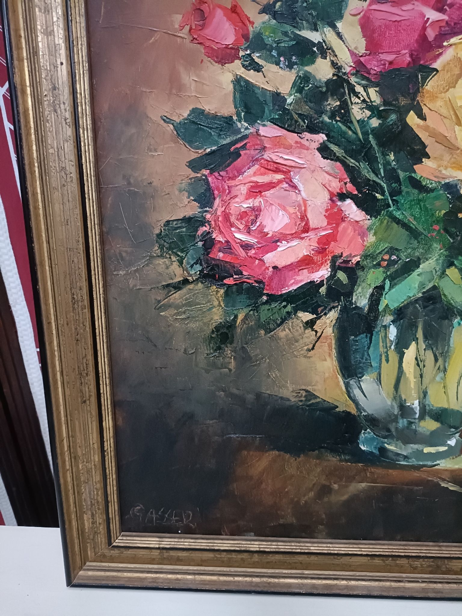 Painting on canvas with a knife, vase and cut flowers, Léon Gasser dit Mas