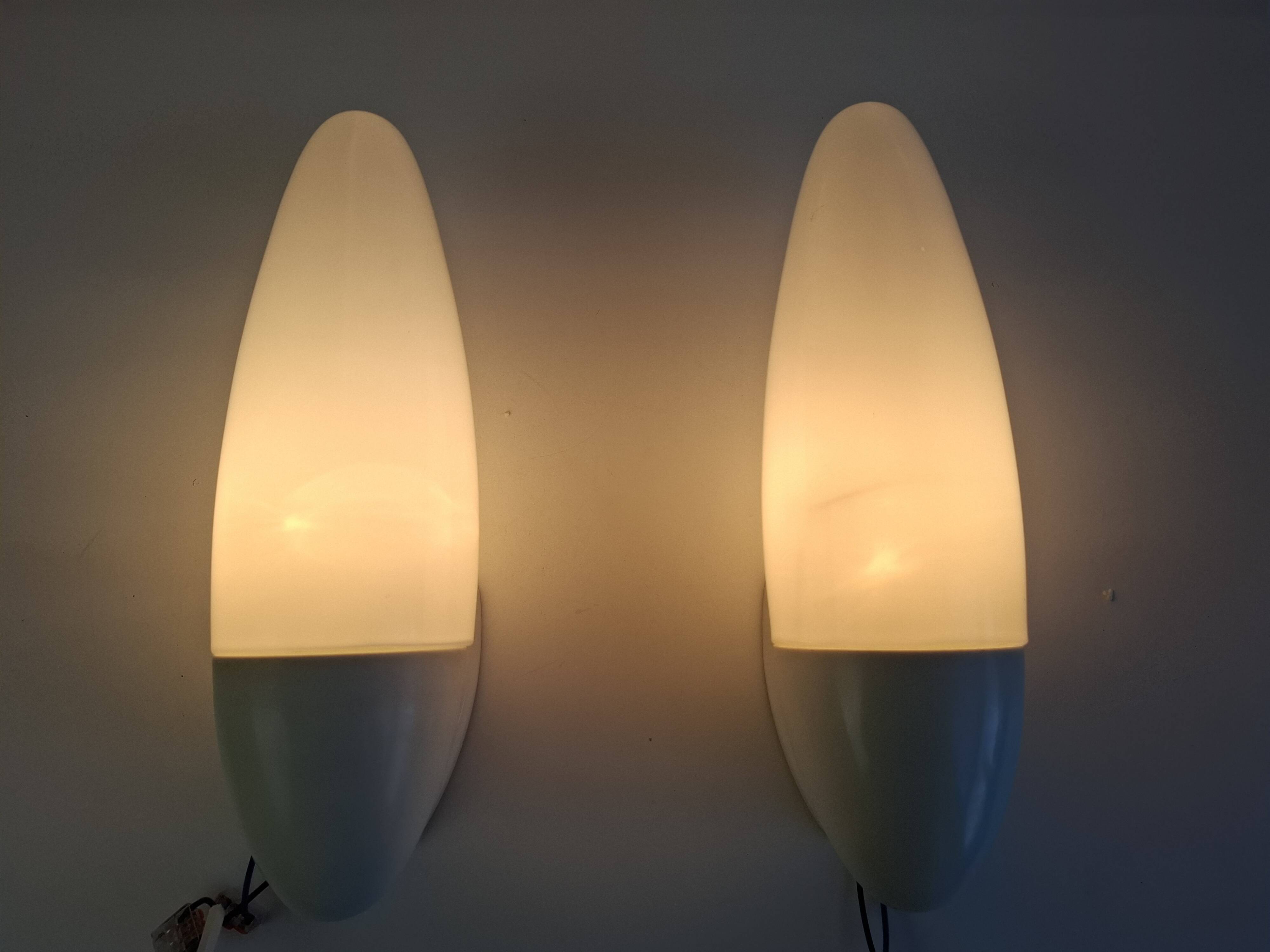 Pair of 1960s Czechoslovak Milk Glass and Bakelite Space Age Wall Sconces