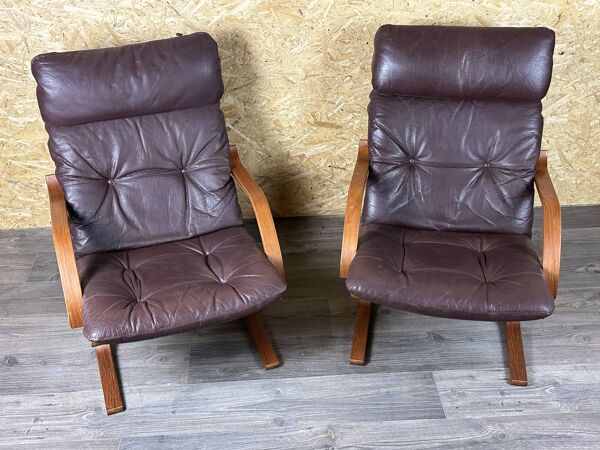2x 60s 70s Easy Chair Leather Armchairs Westnofa Norway Mid Century