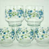 5 water glasses - decoration small blue flowers - Veronica Luminarc Arcoroc - vintage 80s