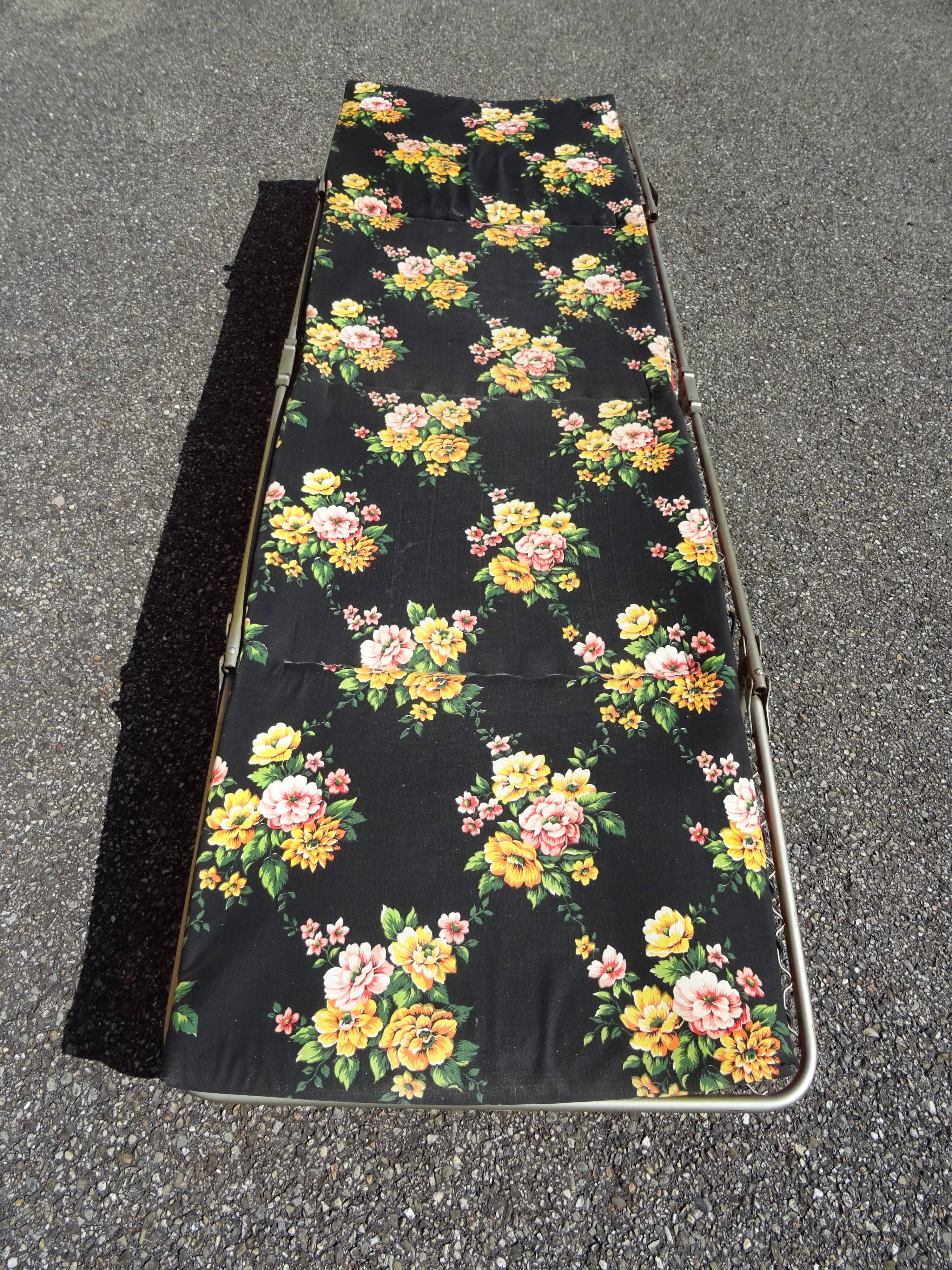 Folding chaise longue cous camp bed with flowers vintage brand Castel Joyeux