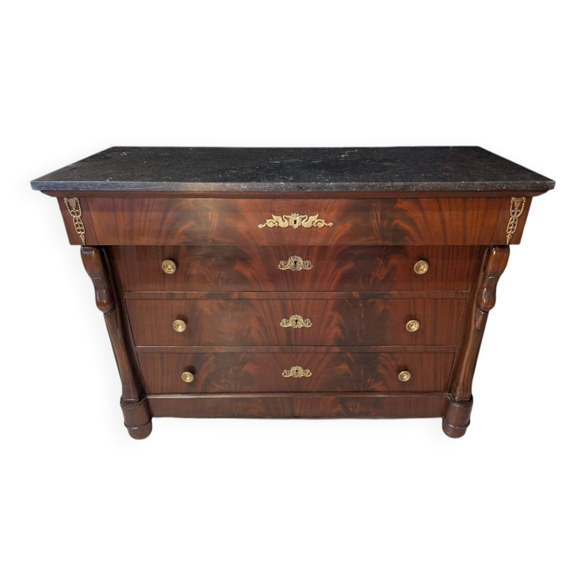 Mahogany chest of drawers with swan decoration