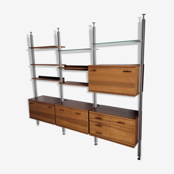 Large Scandinavian wall-mounted wood and aluminum bookcase circa 1960