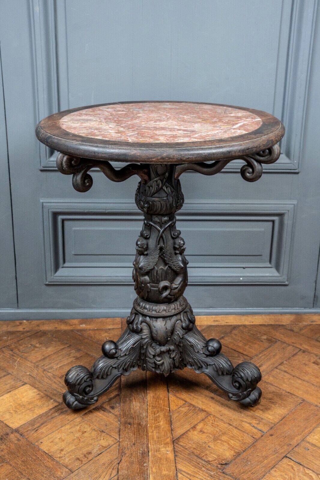 Indochina ironwood pedestal table decor winged character marble top 19th century