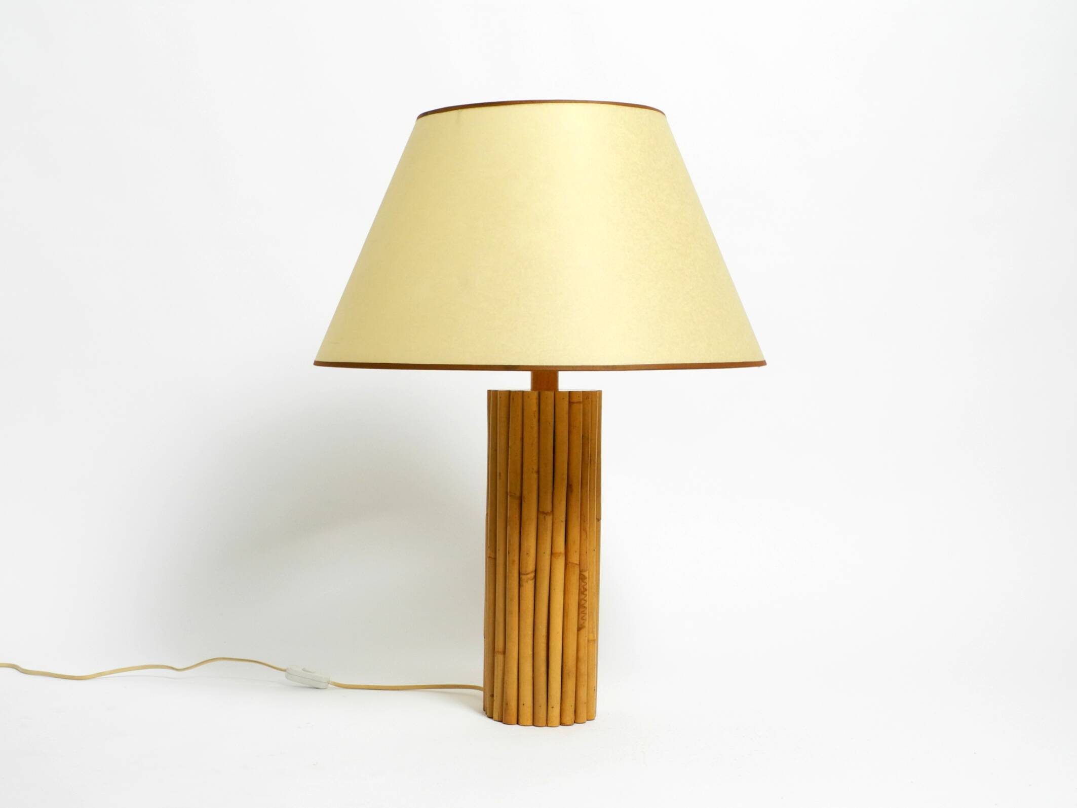Large 1970s Italian bamboo table lamp with large oiled paper shad