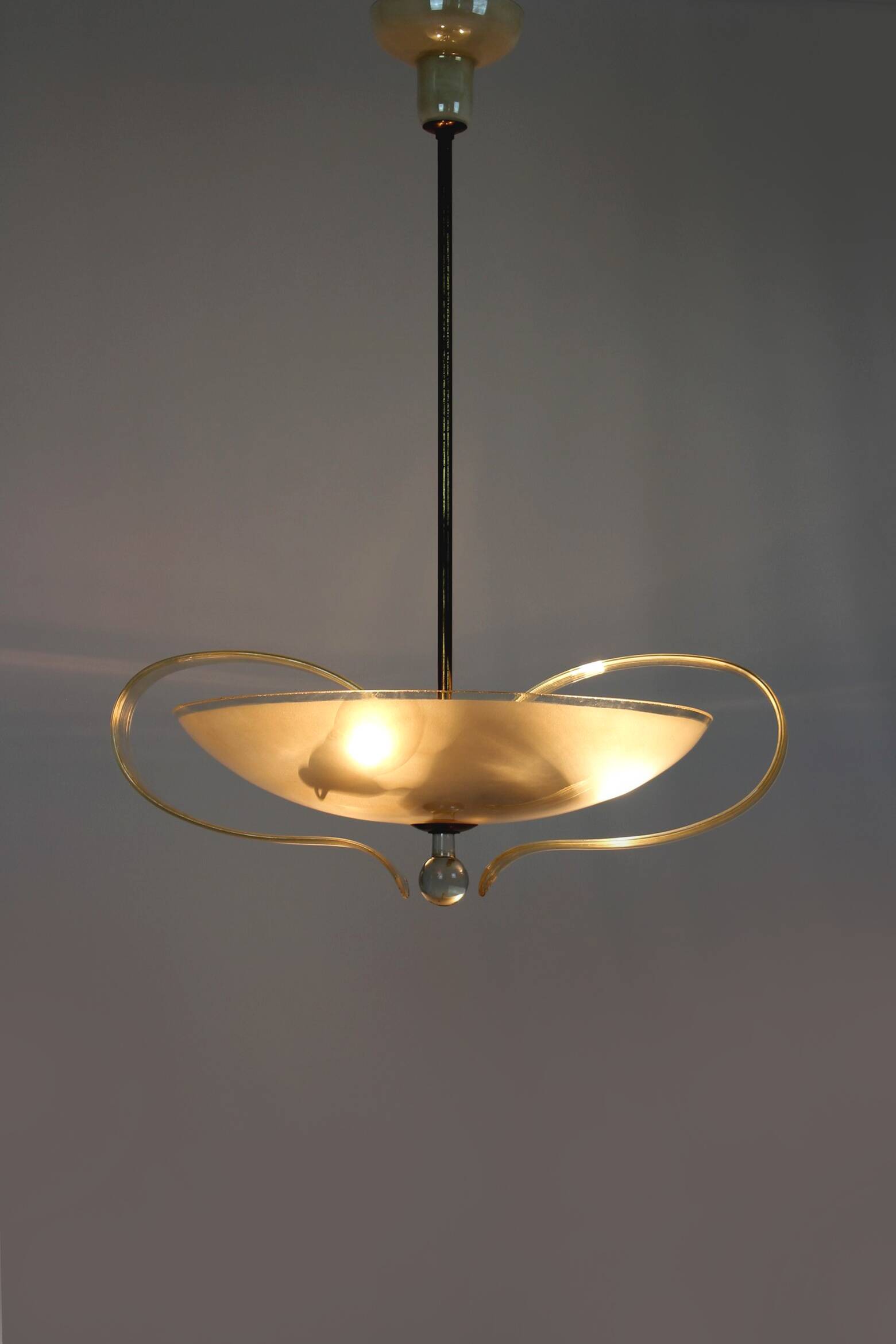 Brass and Curved Glass Ceiling Light from ESC Zukov, 1940s