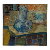 Oil on Isorel depicting a blue teapot, 20th century.