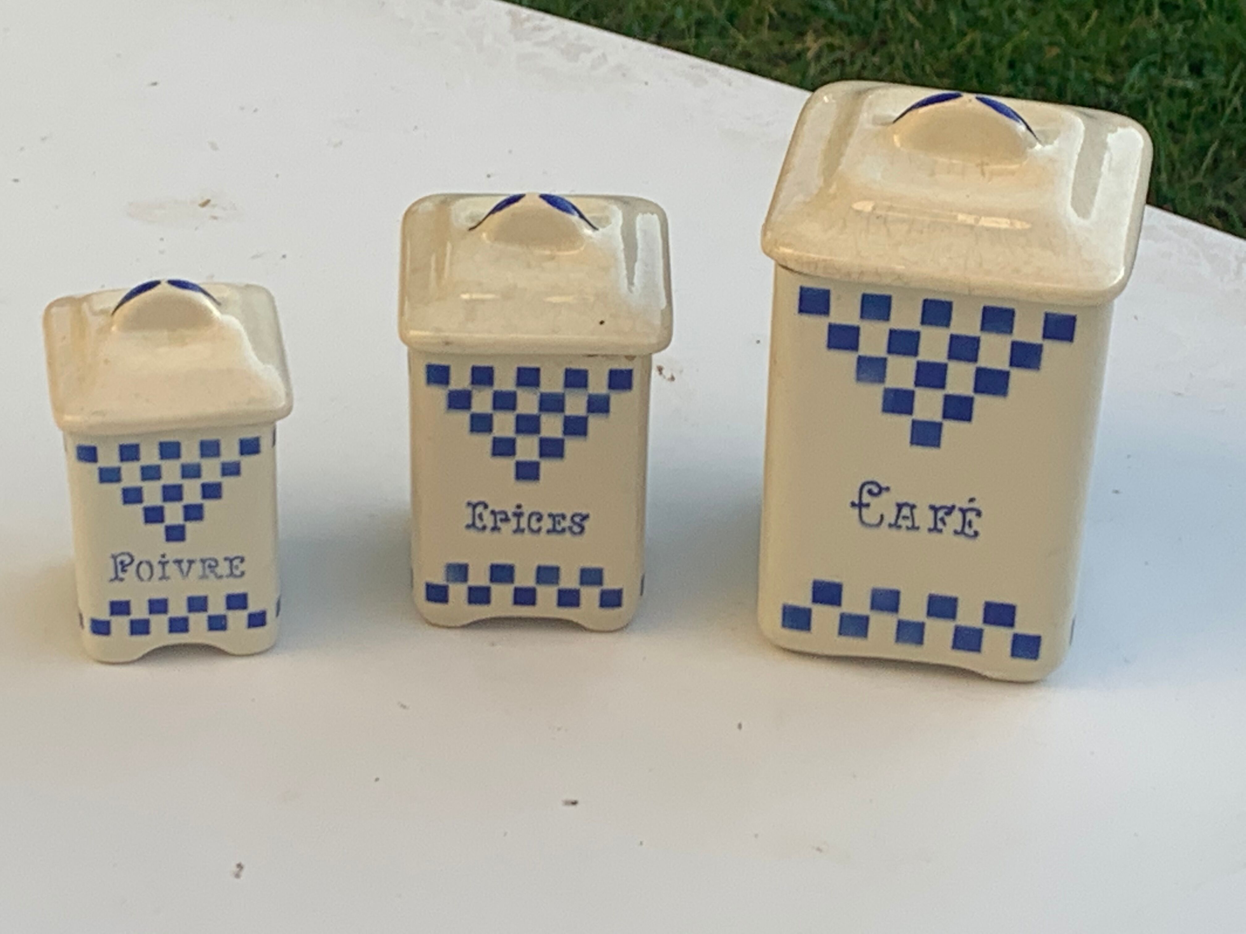 Set of 3 earthenware spice pots geometric pattern art deco period