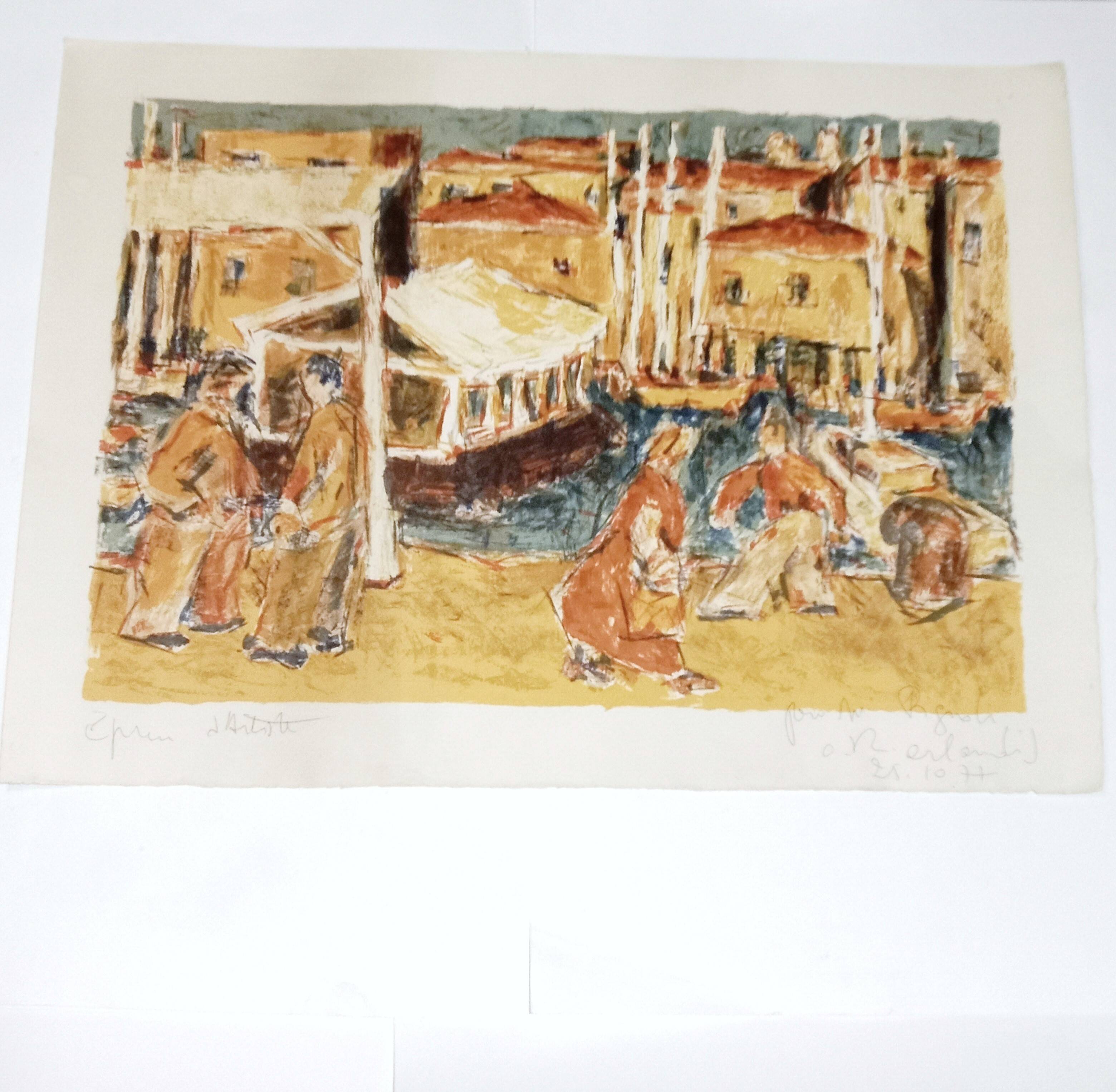 Port of Marseille, original lithograph signed by Arlandis Antoine, 1977