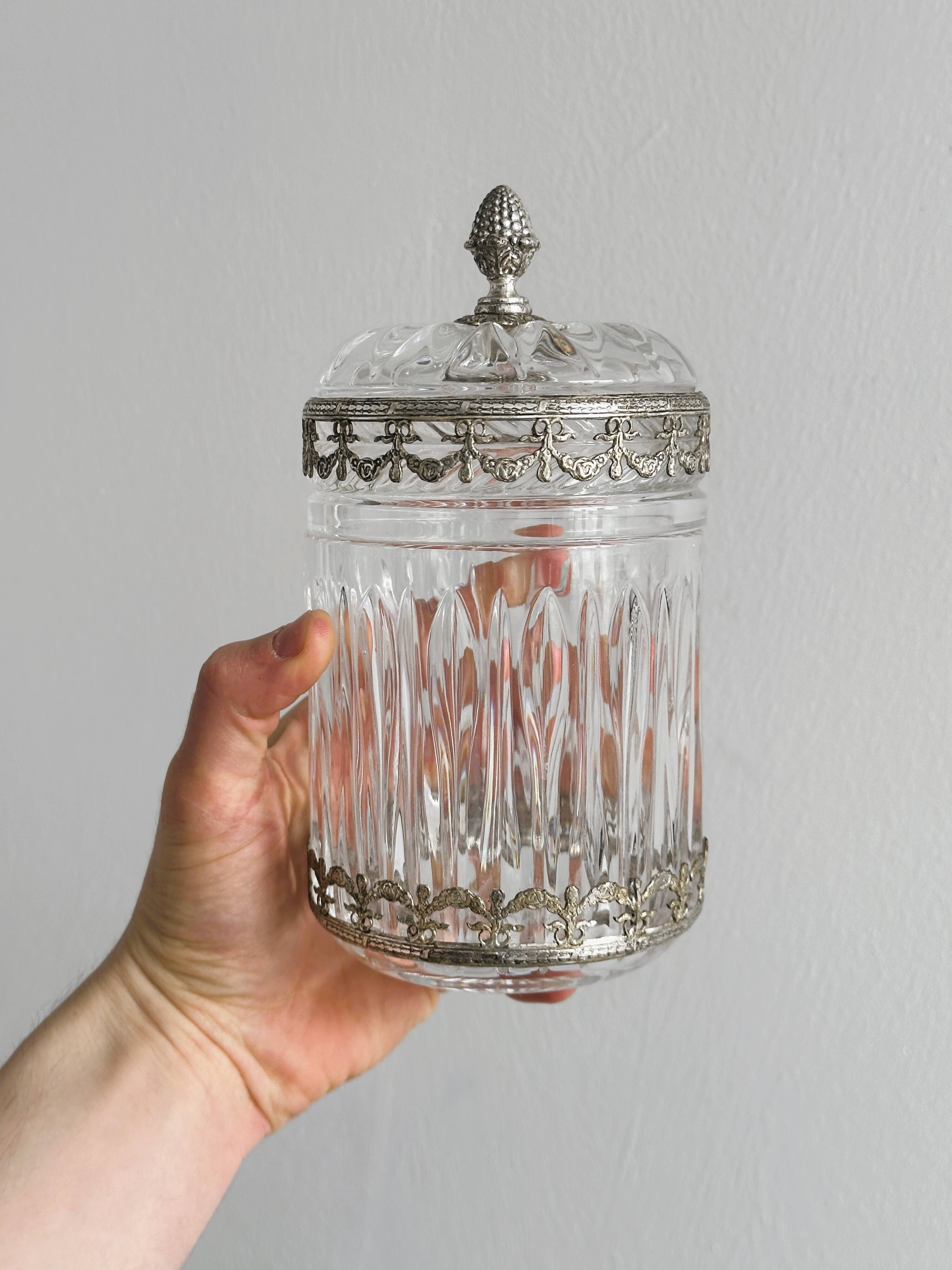 Condiment pot, crystal and metal sugar bowl.