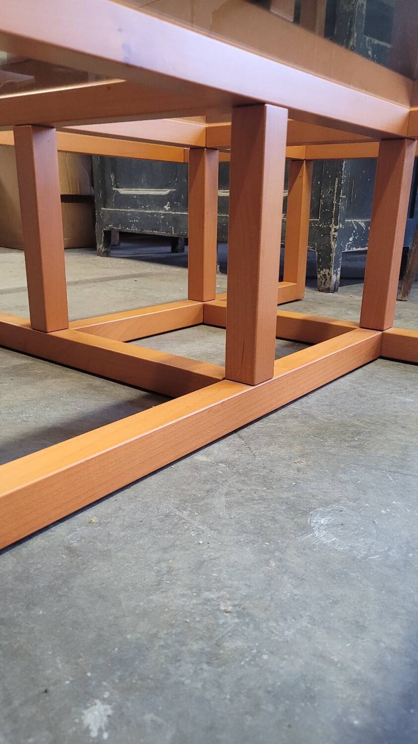 Modernist vintage square coffee table, in wood and old glass
