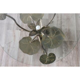 Illuminated vintage coffee table decorated with brass water lilies 1970