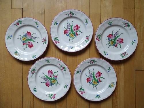 Kg luneville "réverbère" 5 flat plates earthenware hand-painted flowers ø25.5 cm