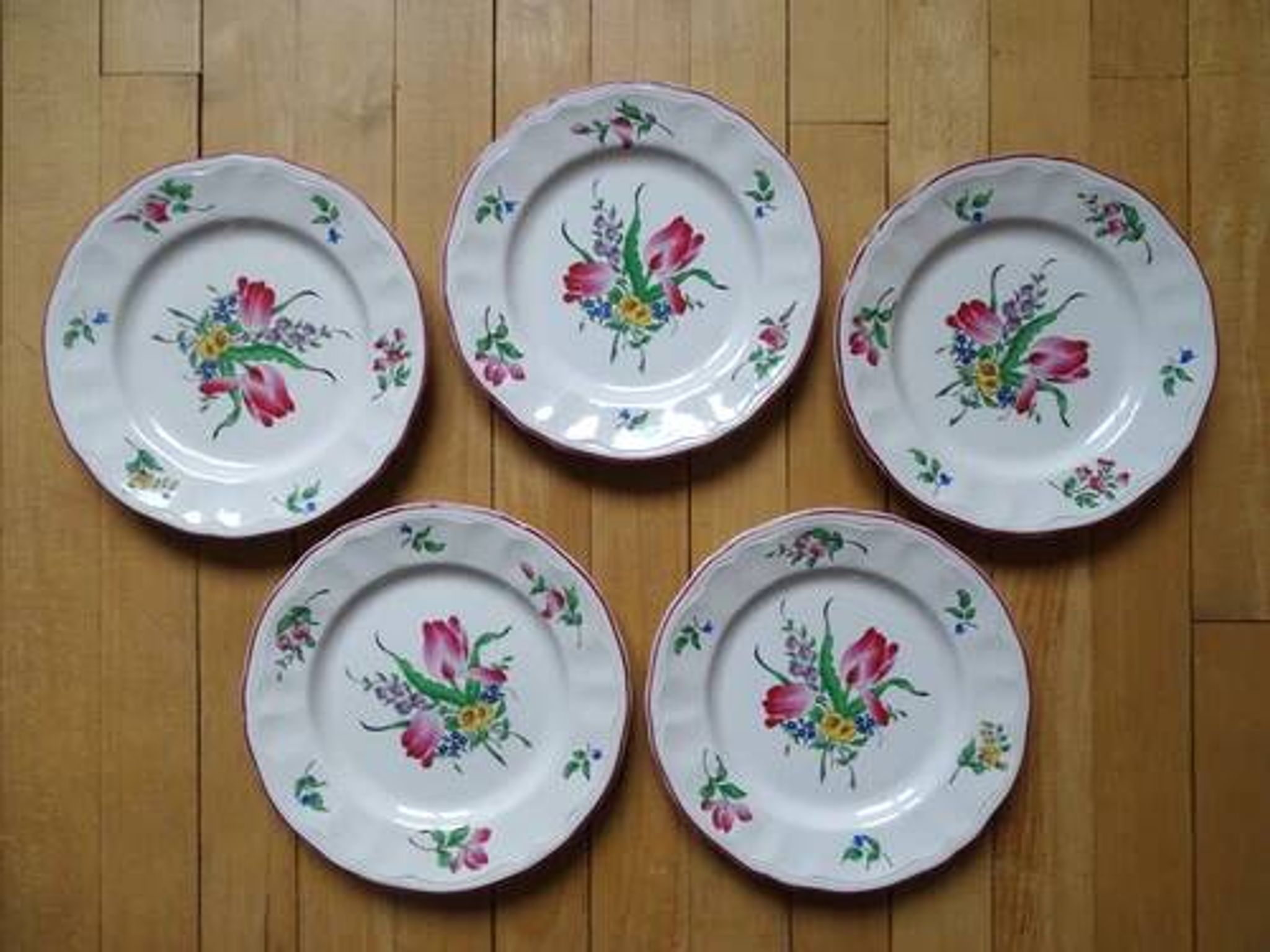 Kg luneville "réverbère" 5 flat plates earthenware hand-painted flowers ø25.5 cm