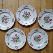 Kg luneville "réverbère" 5 flat plates earthenware hand-painted flowers ø25.5 cm