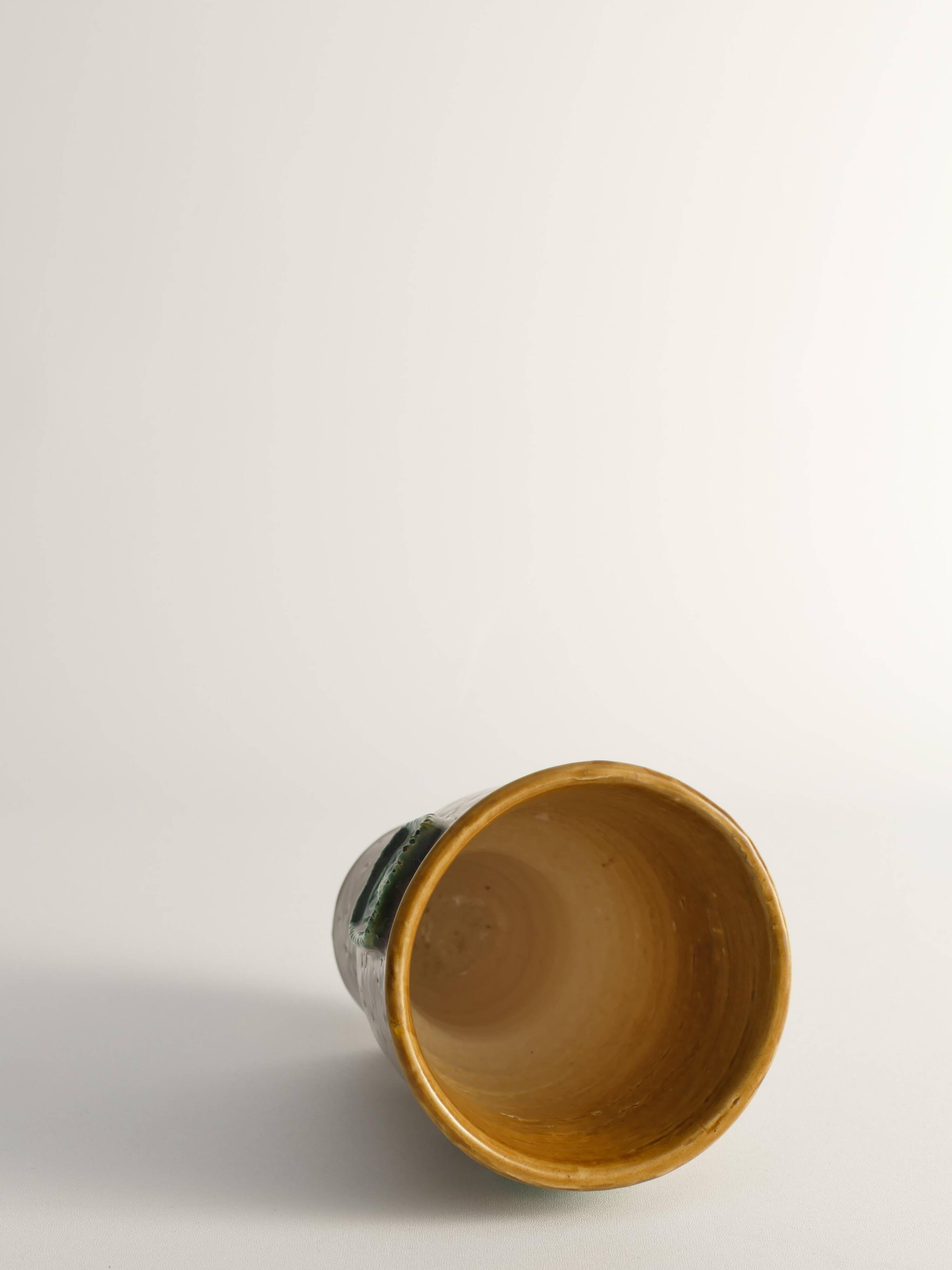 Vase en grès brun moutarde avec des oiseaux vert céladon par Aldo Londi pour Bitossi