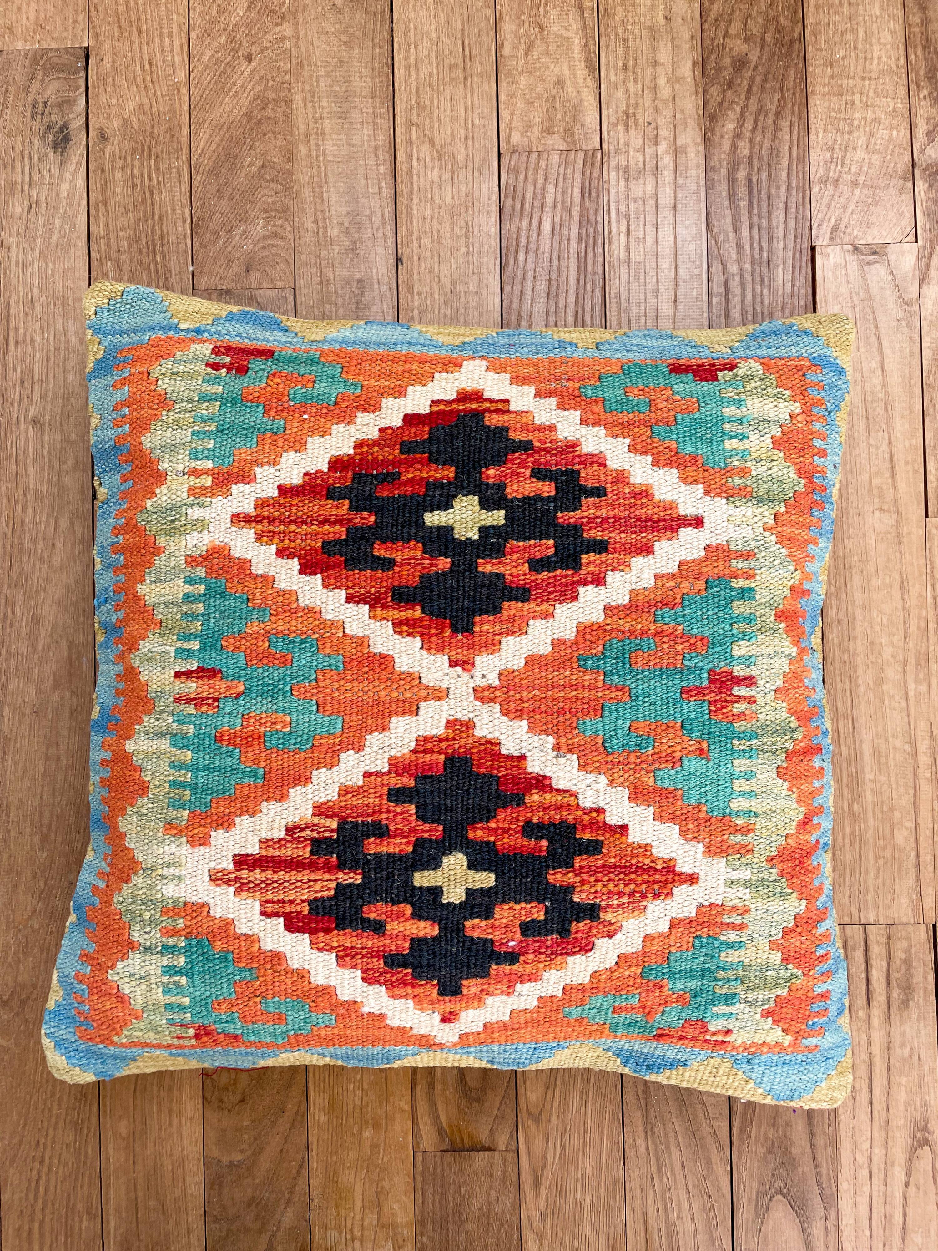 Multicolored orange afghan kilim cushion 47x47cm