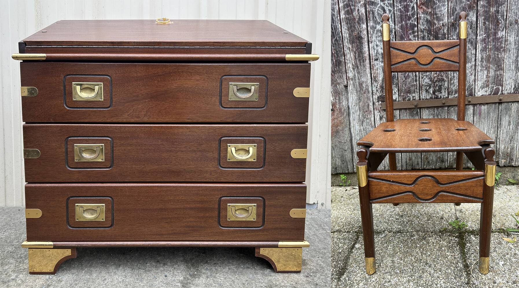 Vintage navy wood scriban chest of drawers and chair