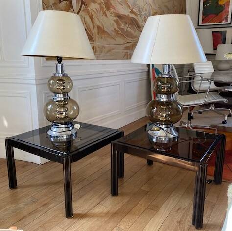pair of smoked glass and chrome lamps