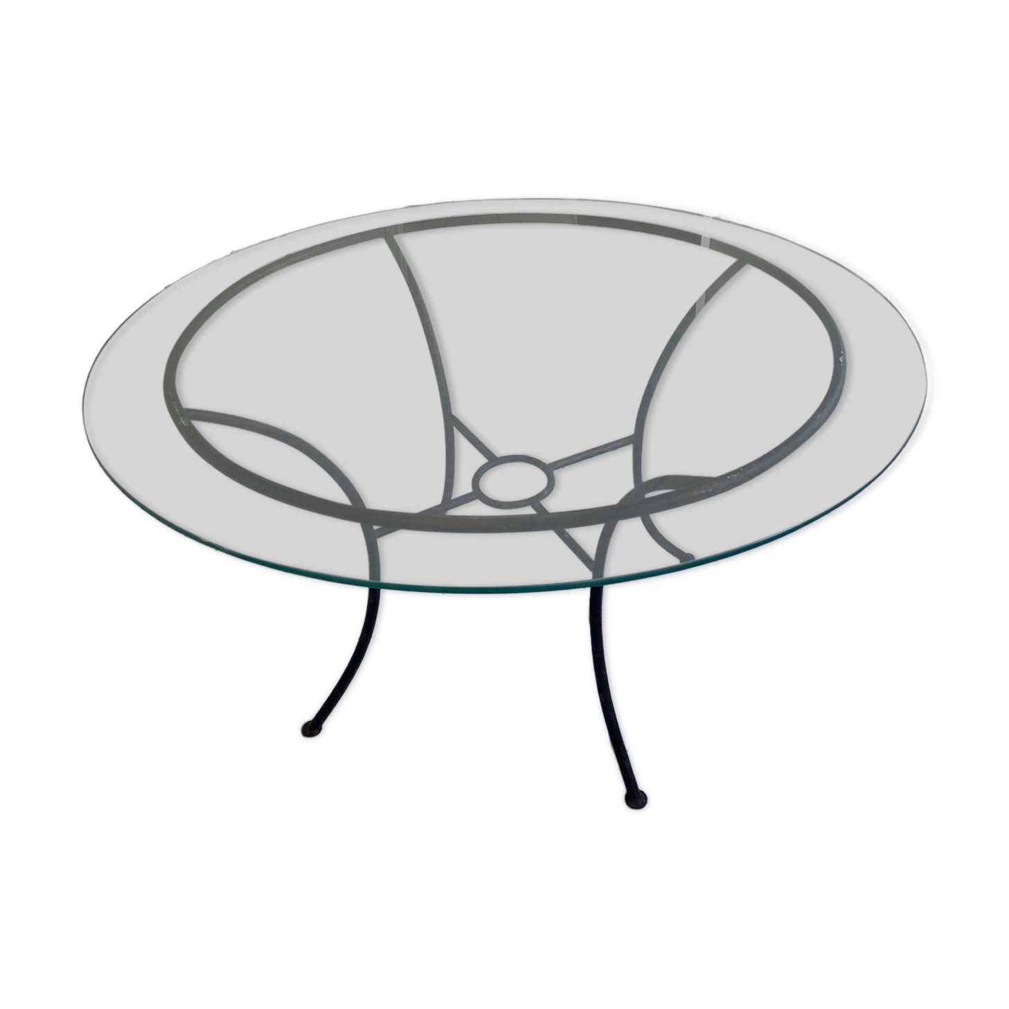 green table on wrought iron legs + 6 matching chairs