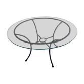 table en vert sur pied en fer forgé + 6 chaises assorties