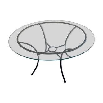 green table on wrought iron legs + 6 matching chairs