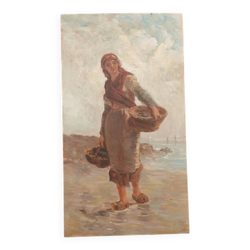 Table of a woman fishing on foot