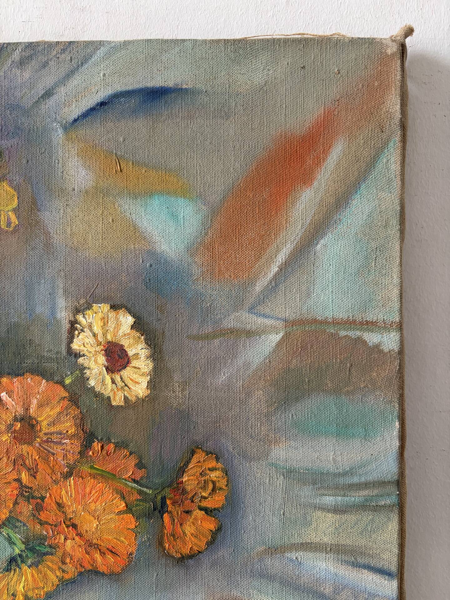 Bouquet of marigolds, oil on canvas signed Maurice Bouillot 1954