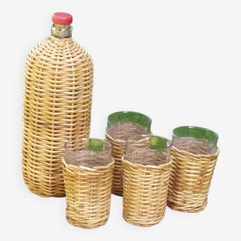 Rattan bottle and glasses