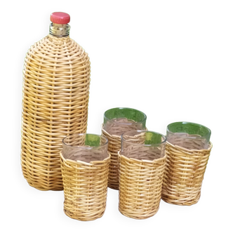 Rattan bottle and glasses