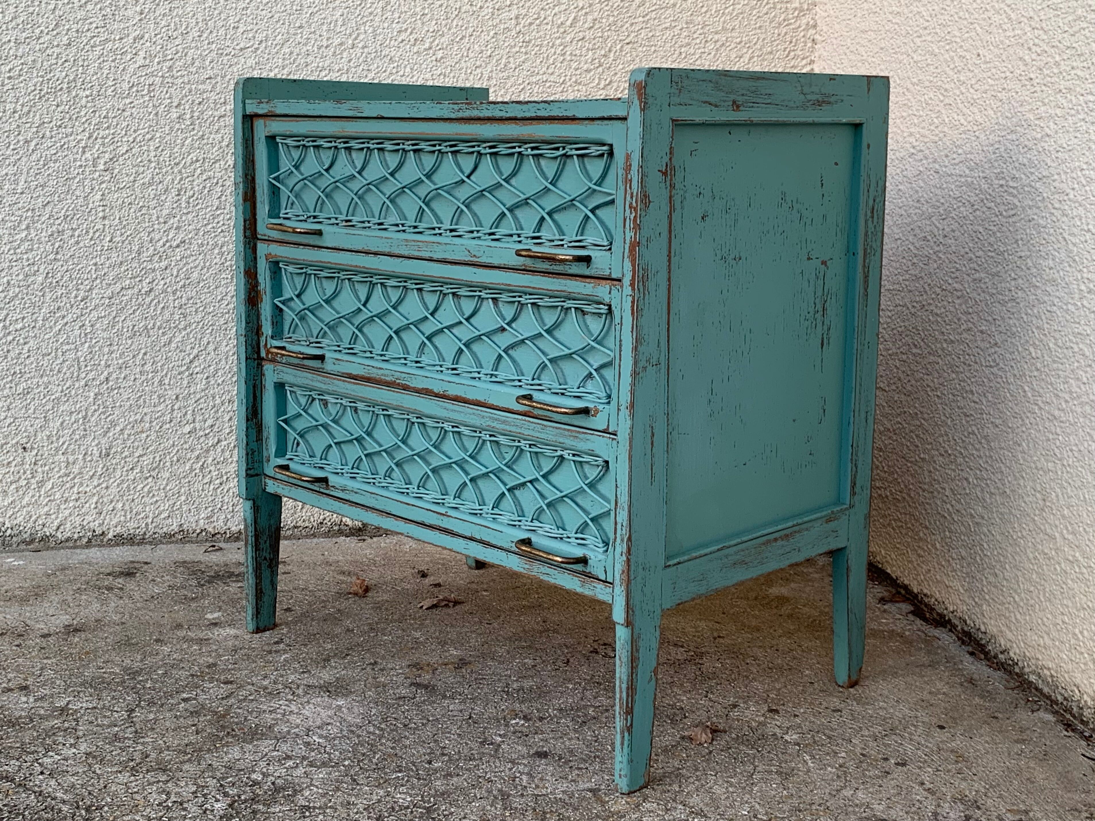 Vintage chest of drawers wood and rattan patina turquoise 1950