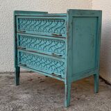 Vintage chest of drawers wood and rattan patina turquoise 1950