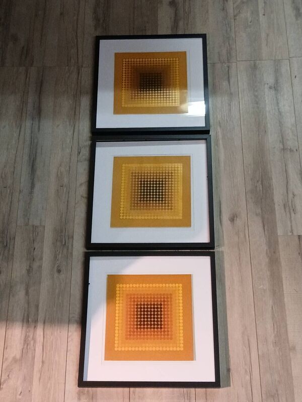 Triptyque Art Optique - 3 Tableaux Vintage - Victor Vasarely - Cadres