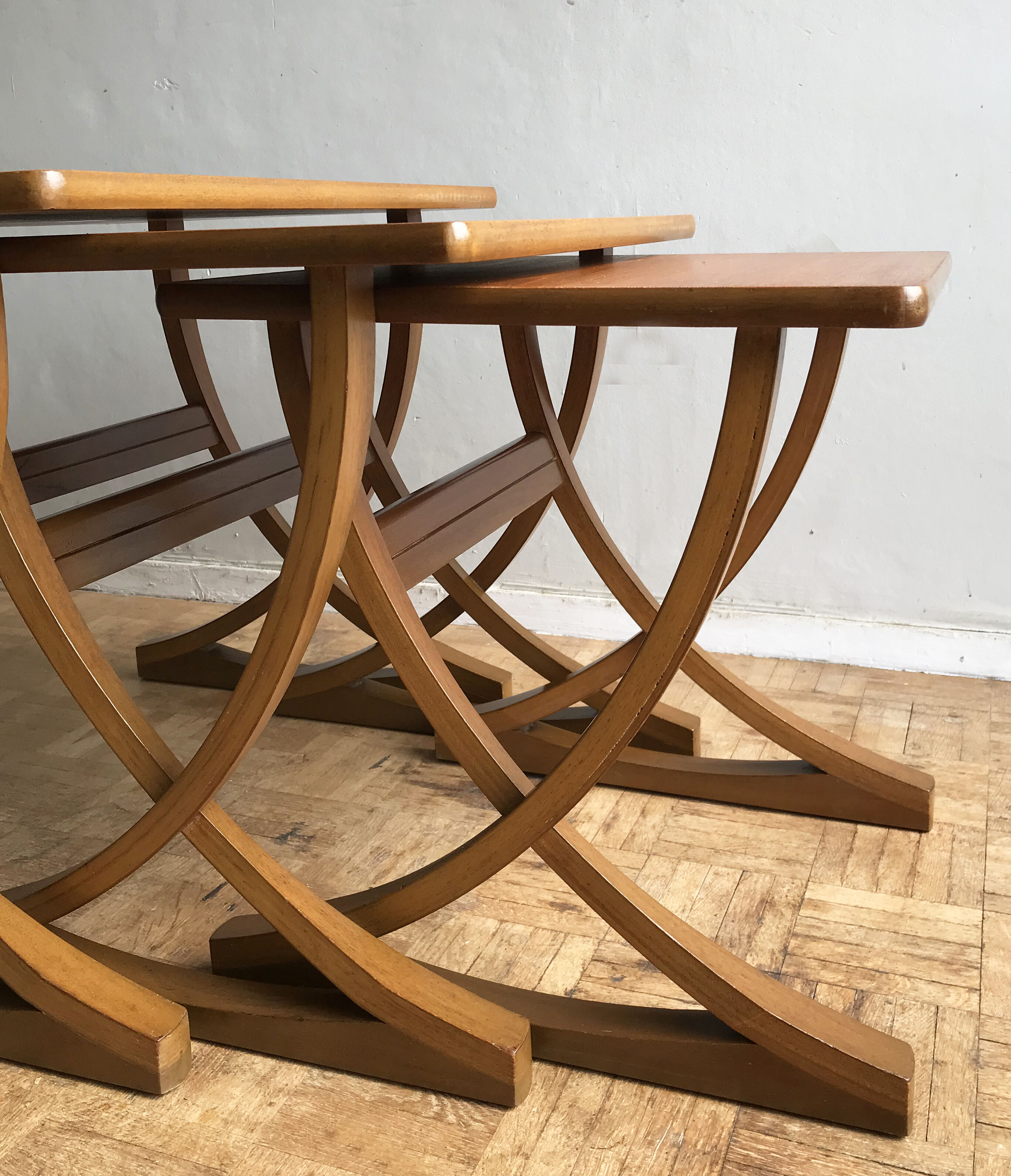 Set of 3 nesting tables from Nathan editions in teak and beech.