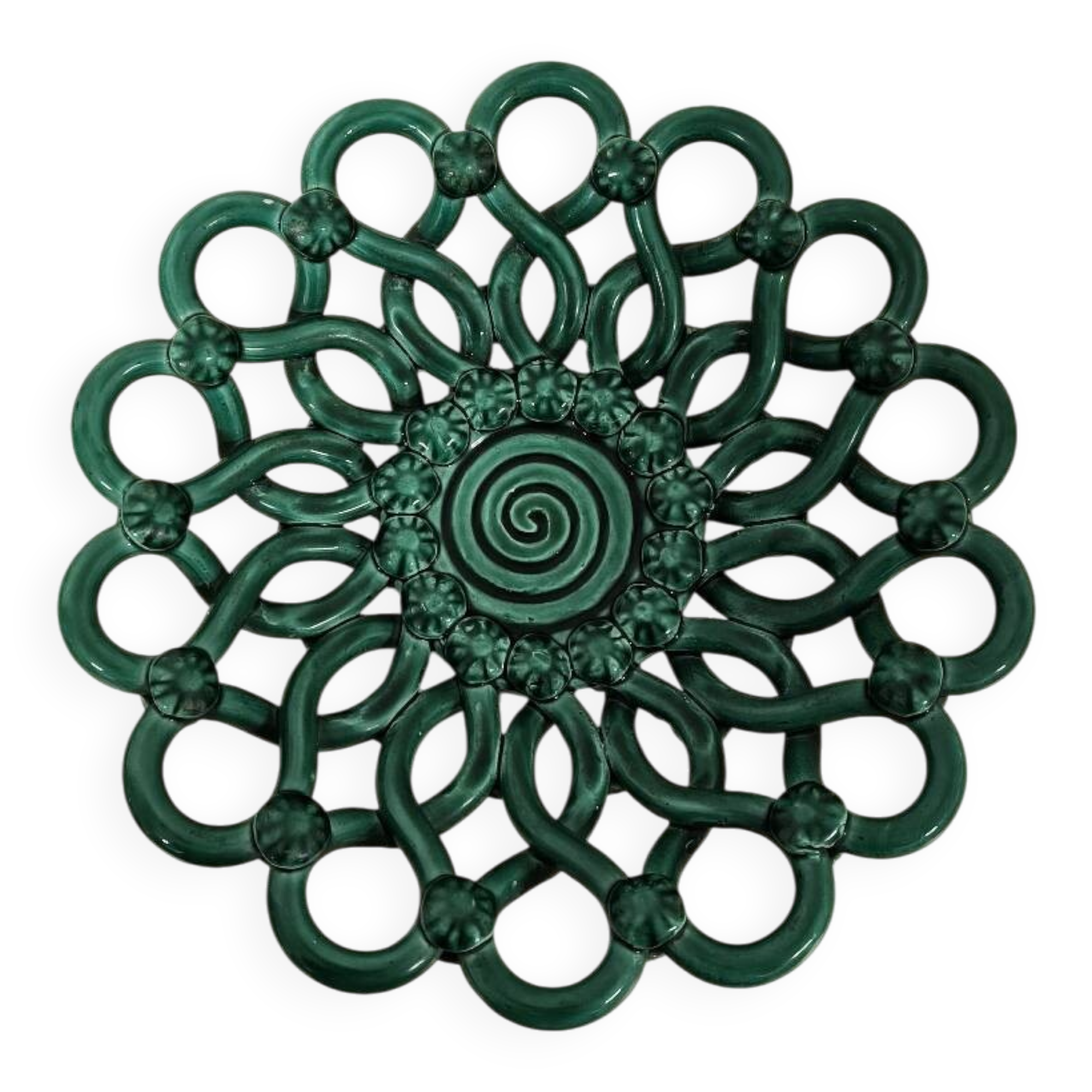 Antique woven fruit bowl in green Vallauris earthenware.