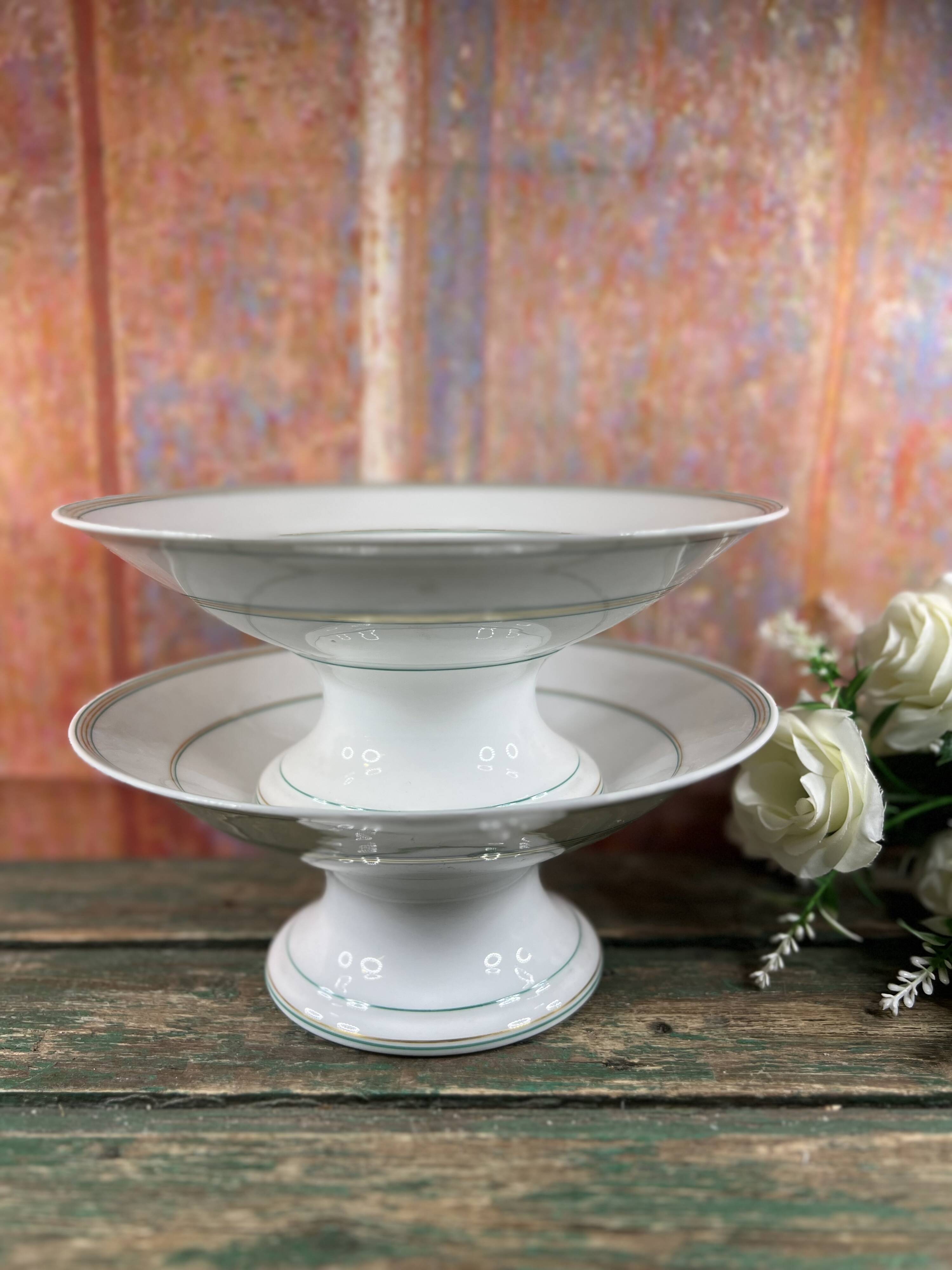 Pair of 2 white and green porcelain compote bowls