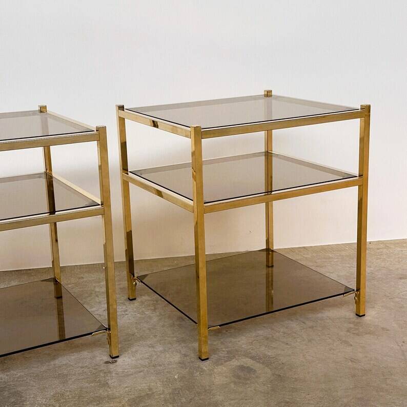 Pair of Vintage Three-Level Tables in Brass and Smoked Glass, 1970s