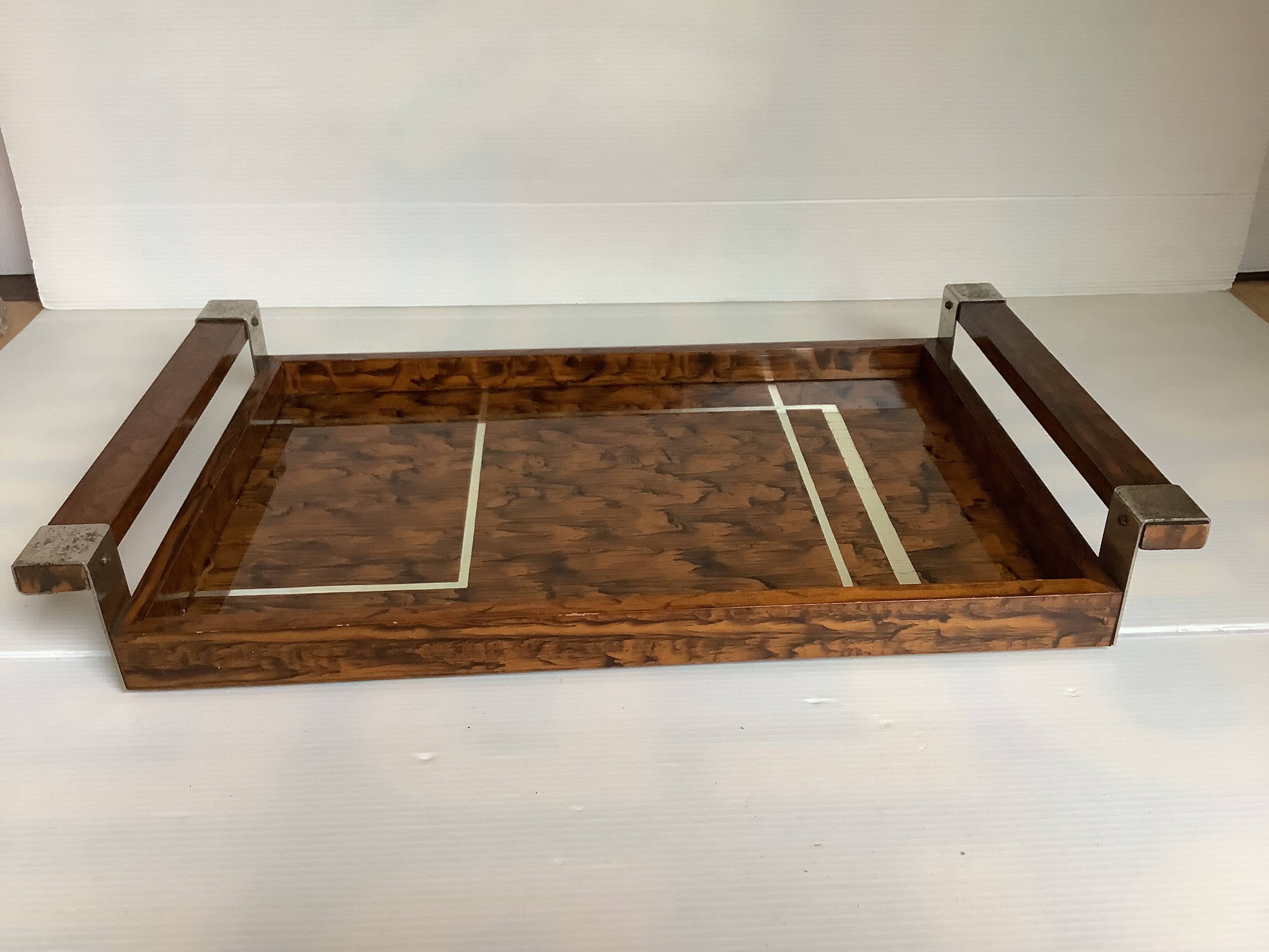 Old tray with art deco wooden handles